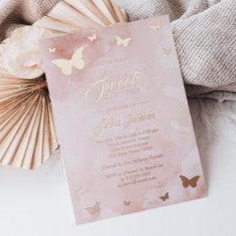 Small Rose Gold Foil Pink Butterfly Sweet 16 Party Foil Invitation Front View