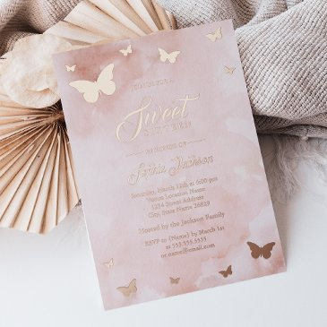 rose gold foil pink butterfly sweet 16 party foil invitation