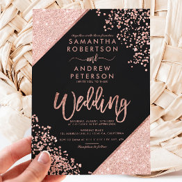 Small Rose Gold Glitter Confetti Chic Black Wedding Invitation Front View