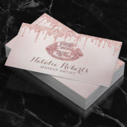 Small Rose Gold Glitter Drips Chic Lips Makeup Artist Business Invitations Front View