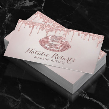 rose gold glitter drips chic lips makeup artist business invitations