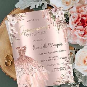 rose gold glitter drips dress flowers quinceañera invitation