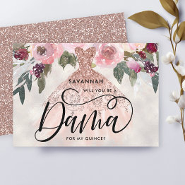 Small Rose Gold Glitter Floral Quinceañera Dama Proposal Invitation Front View