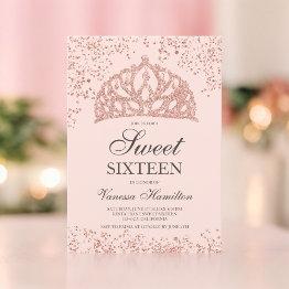 Small Rose Gold Glitter Photo Blush Crown Tiara Sweet 16 Invitation Front View