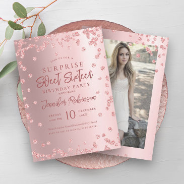 rose gold glitter photo surprise sweet 16  invitation