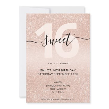 rose gold glitter sweet 16 invitation