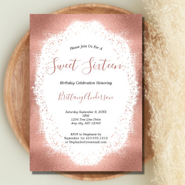 rose gold glitter sweet sixteen 16 birthday invitation