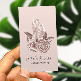 Small Rose Gold Healing Hands & Flowers Massage Therapy Business Invitations Front View