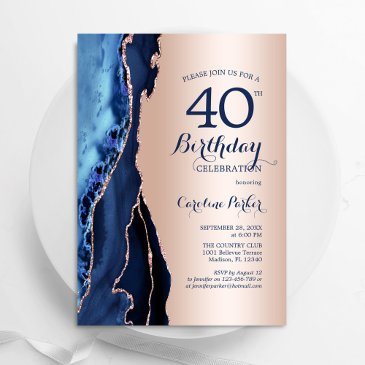 rose gold navy blue agate 40th birthday invitation