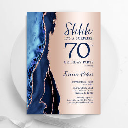 Small Rose Gold Navy Blue Agate Surprise 70th Birthday Invitation Front View