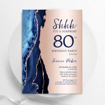 rose gold navy blue agate surprise 80th birthday invitation