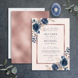 Small Rose Gold Navy Blue Dusty Pink Floral Wedding Invitation Front View