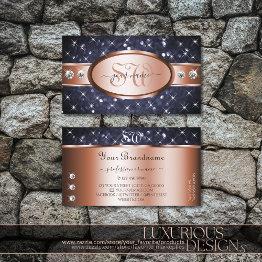Small Rose Gold Ocean Blue Glitter Diamonds And Initials Business Invitations Front View
