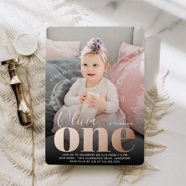 rose gold one first birthday party photo foil invitation