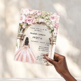 Small Rose Gold Pink Florals Arch Dress Sweet 16 Acrylic Invitations Front View