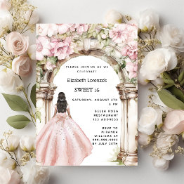 Small Rose Gold Pink Florals Arch Dress Sweet 16 Invitation Front View
