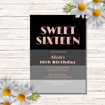 rose gold script black grey stripes 16th birthday invitation