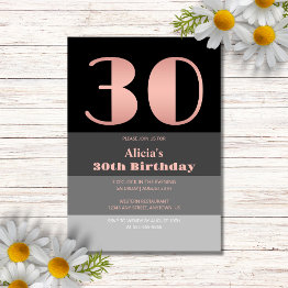 Small Rose Gold Script Black Grey Stripes 30th Birthday Invitation Front View