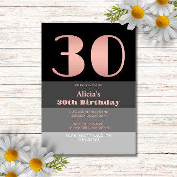 rose gold script black grey stripes 30th birthday invitation
