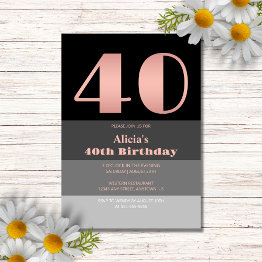 Small Rose Gold Script Black Grey Stripes 40th Birthday Invitation Front View