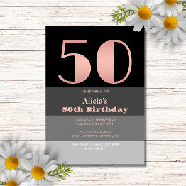 Small Rose Gold Script Black Grey Stripes 50th Birthday Invitation Front View