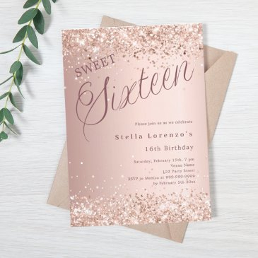 rose gold script glitter sweet 16 invitation