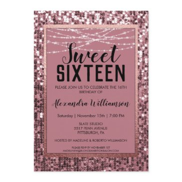 rose gold sequin/glitter sweet 16 birthday party invitation