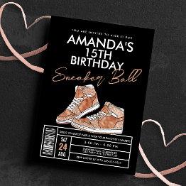 Small Rose Gold Sneaker Ball Birthday Invitation Front View