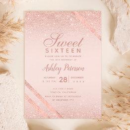 Small Rose Gold Typography Stripe Glitter Blush Sweet 16 Invitation Front View
