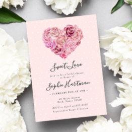 Small Rose Heart Floral Pink Bridal Shower Invitation Front View