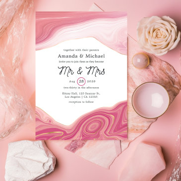 rose quartz and blush strata mr and mrs wedding invitation
