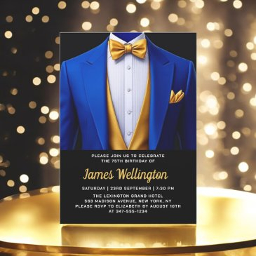 royal blue and gold tuxedo birthday celebration invitation