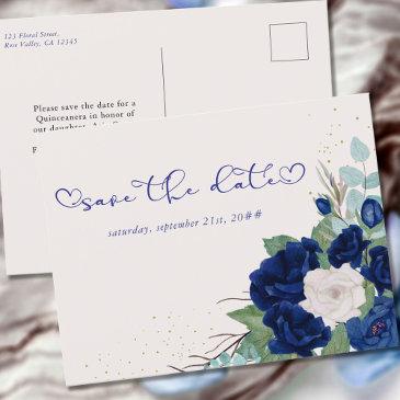 royal blue and ivory rose floral save the date announcement postinvitations