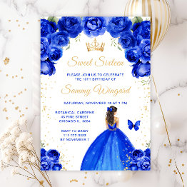 Small Royal Blue Brunette Hair Princess Sweet Sixteen Invitation Front View