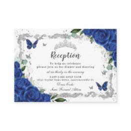 Small Royal Blue Floral Butterfly Quinceañera Reception Enclosure Invitations Front View