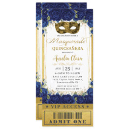 Small Royal Blue Floral Quinceañera Masquerade Ticket Invitation Front View