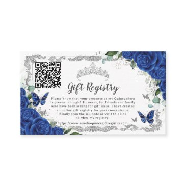 royal blue floral silver quinceañera gift registry enclosure invitations