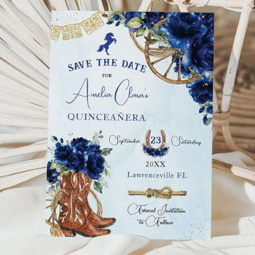 royal blue floral wild west charro quinceañera xv save the date