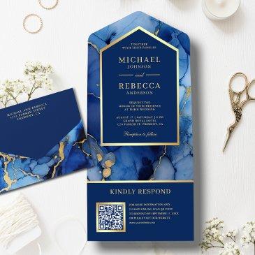 royal blue gold abstract fluid ink qr code wedding all in one invitation