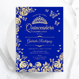 Small Royal Blue Gold Roses Butterflies Quinceanera Invitation Front View