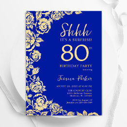Small Royal Blue Gold Roses Surprise 80th Birthday Invitation Front View