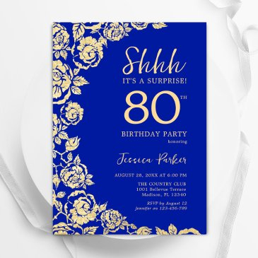 royal blue gold roses surprise 80th birthday invitation