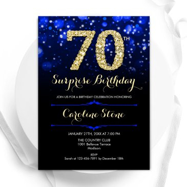 royal blue gold surprise 70th birthday invitation