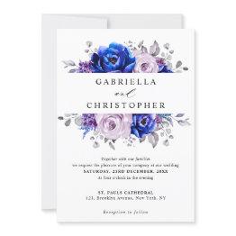 Small Royal Blue Lilac Purple Floral Wedding Invitation Front View