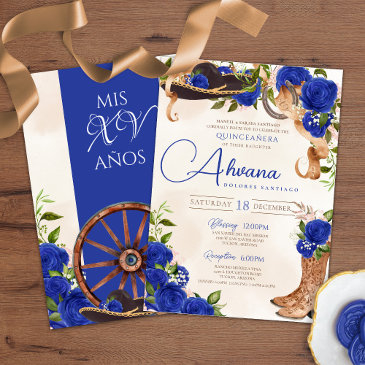 royal blue rose vintage charro western quinceanera invitation