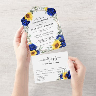 royal blue rustic sunflower geometric wedding all in one invitation