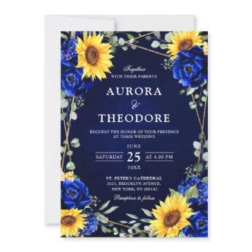 royal blue rustic sunflower geometric wedding inv invitation