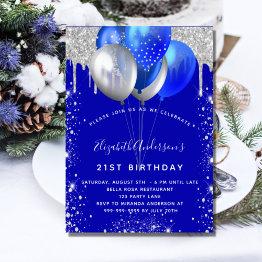 Small Royal Blue Silver Glitter Drips Balloons Birthday Invitation Front View