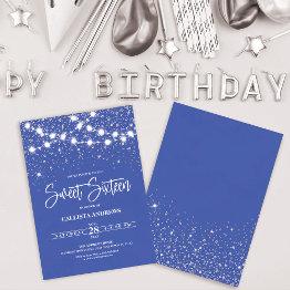 Small Royal Blue Silver Glitter Sparkles Lights Sweet 16 Invitation Front View