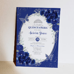 Small Royal Blue Silver Quinceañera Mis Quince 15 Anos Invitation Front View